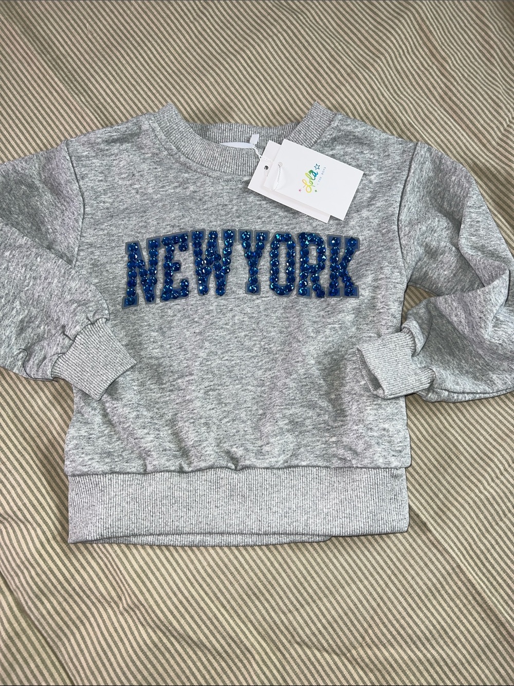 Lola + The Boys Gray Sweatshirt with Blue Beaded NEWYORK